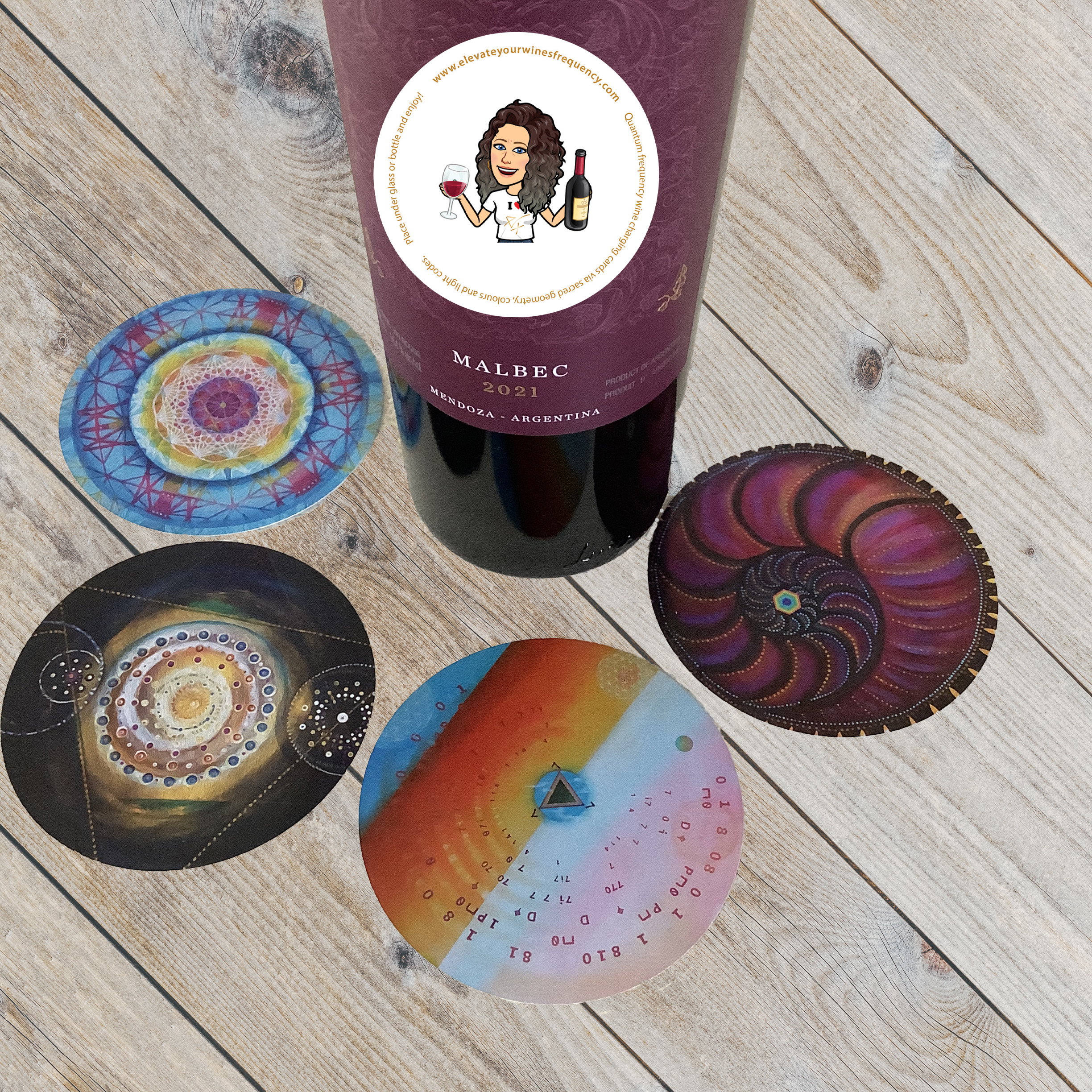 Four cosmic sacred geometry coasters for wine charging